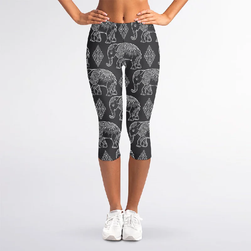 White And Grey Indian Elephant Print Women's Capri Leggings