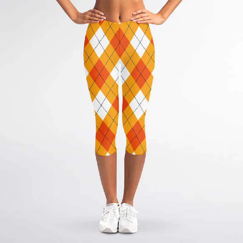 White And Orange Argyle Pattern Print Women's Capri Leggings