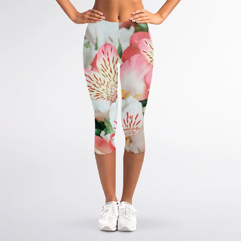 White And Pink Alstroemeria Print Women's Capri Leggings