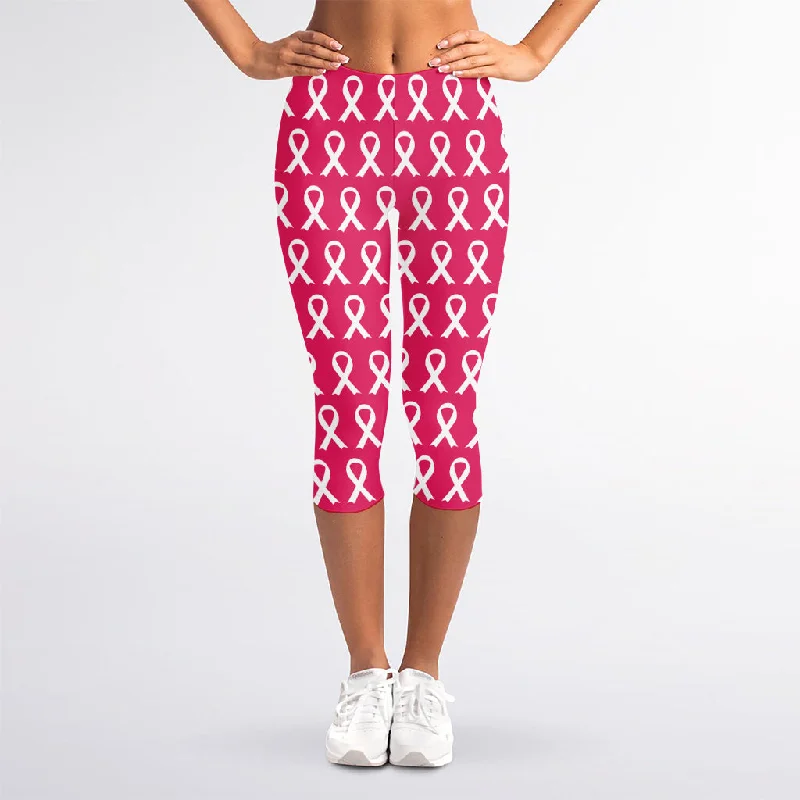 White And Pink Breast Cancer Print Women's Capri Leggings