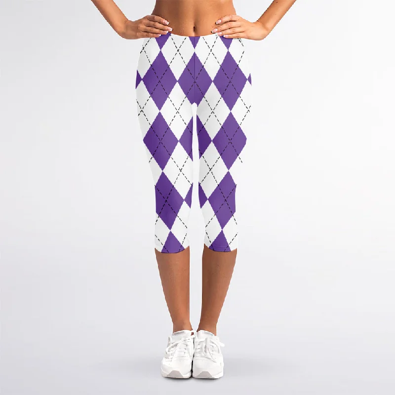 White And Purple Argyle Pattern Print Women's Capri Leggings