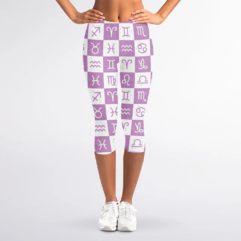 White And Purple Zodiac Signs Print Women's Capri Leggings