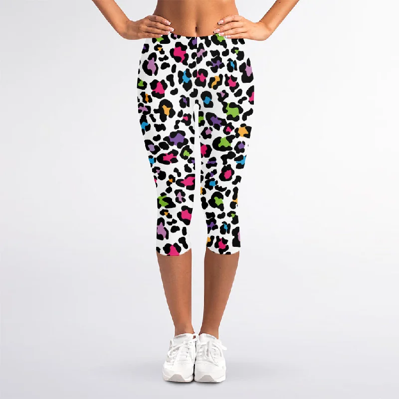 White And Rainbow Leopard Print Women's Capri Leggings