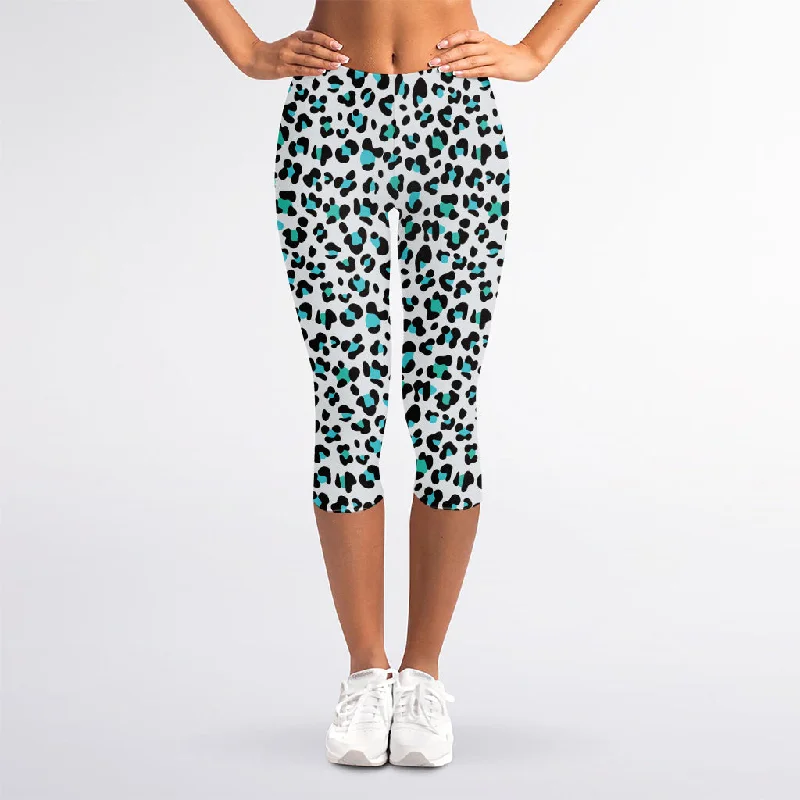 White And Teal Leopard Print Women's Capri Leggings