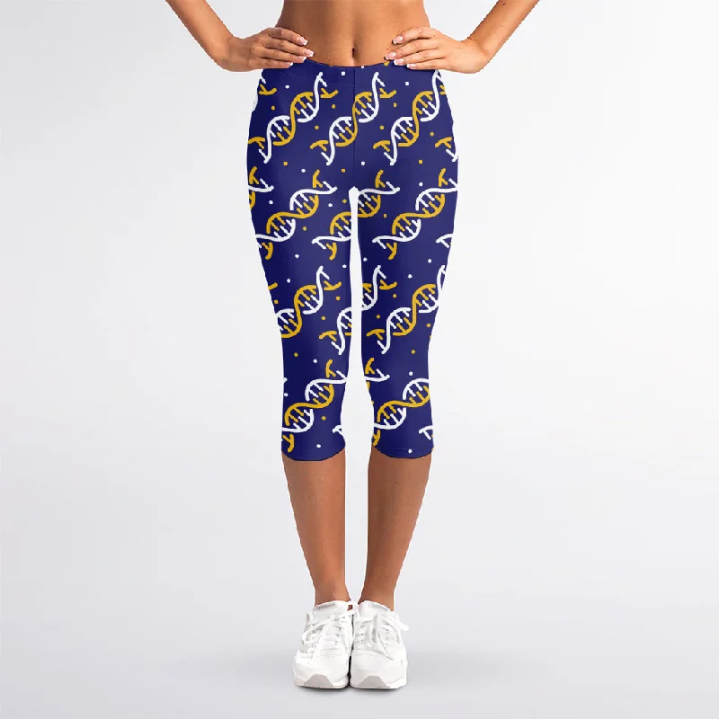 White And Yellow DNA Pattern Print Women's Capri Leggings