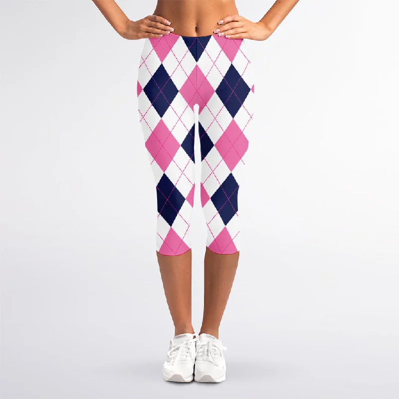 White Blue And Pink Argyle Pattern Print Women's Capri Leggings Comfortable Running Leggings