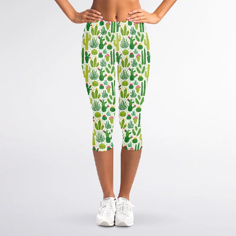 White Cactus Plant Pattern Print Women's Capri Leggings