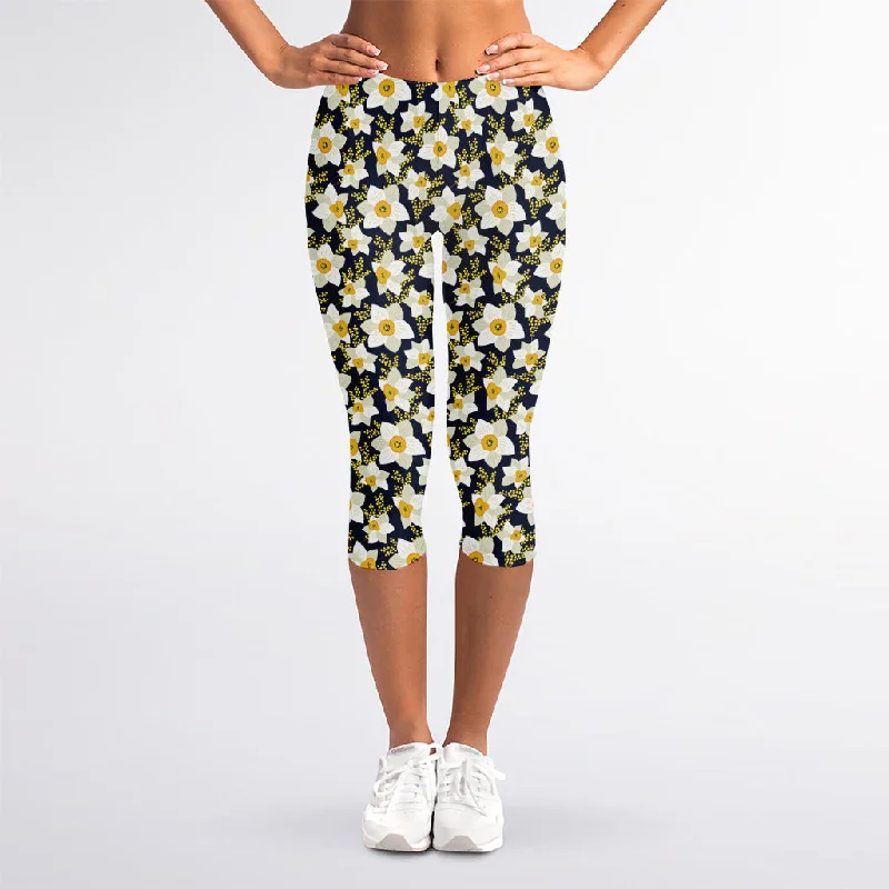 White Daffodil Flower Pattern Print Women's Capri Leggings