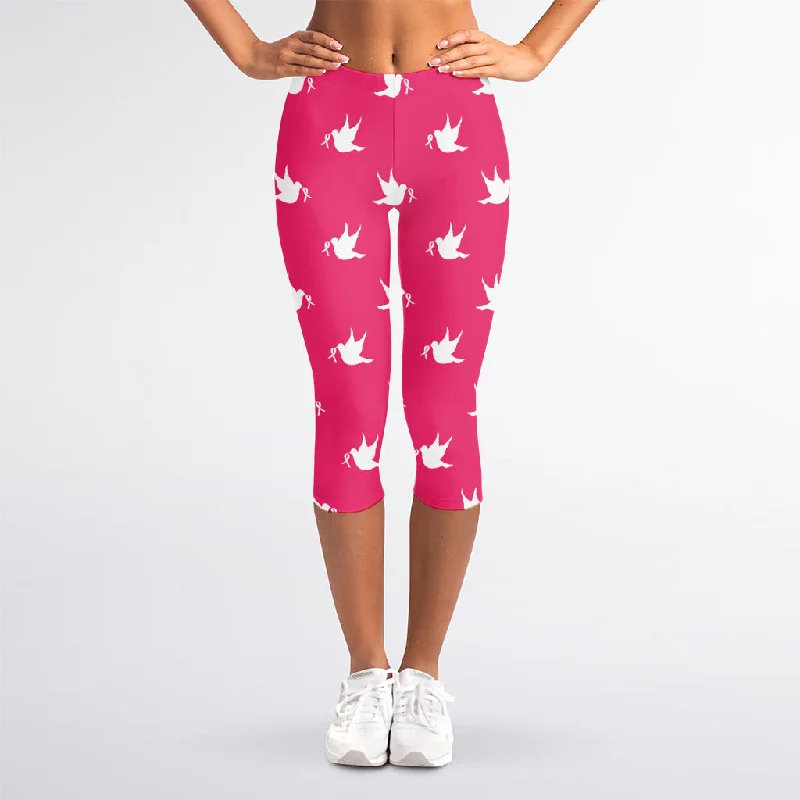 White Dove Breast Cancer Pattern Print Women's Capri Leggings