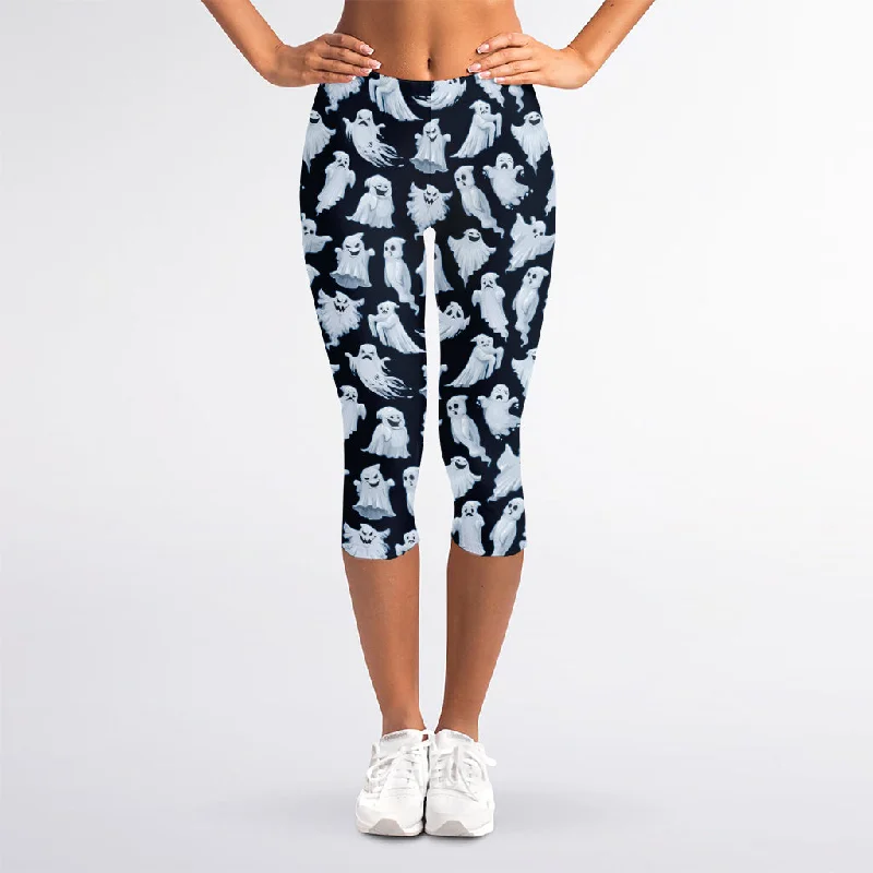 White Ghost Pattern Print Women's Capri Leggings