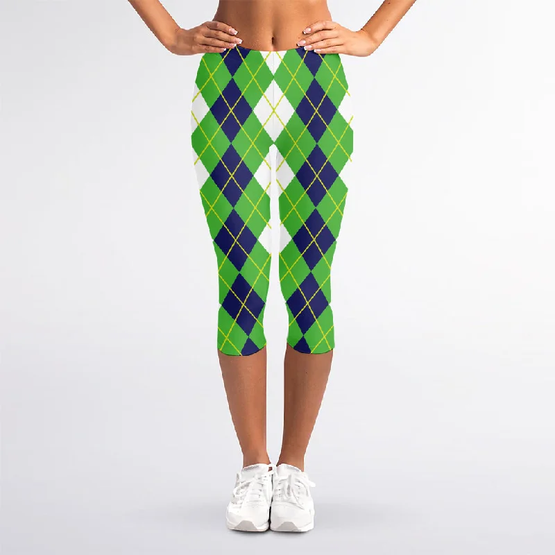 White Green And Navy Argyle Print Women's Capri Leggings