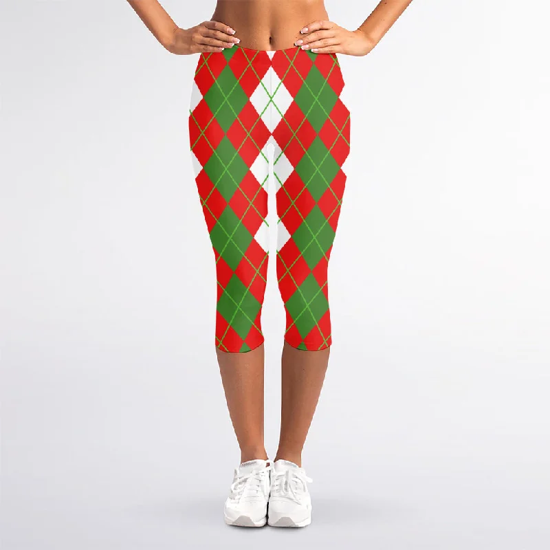 White Green And Red Argyle Pattern Print Women's Capri Leggings