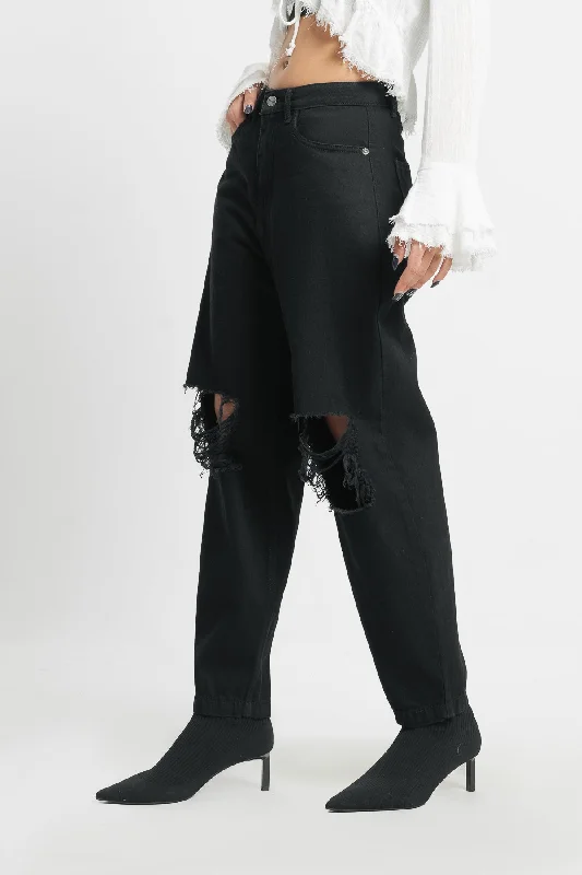 Relaxed Fit Torn Black Jeans Fashionable Bootcut Jeans