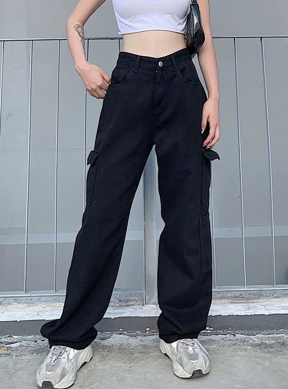 WOMEN JEANS POCKET HIGH WAIST JEANS KOREAN Chic Rip-Detail High-Waist Jeans