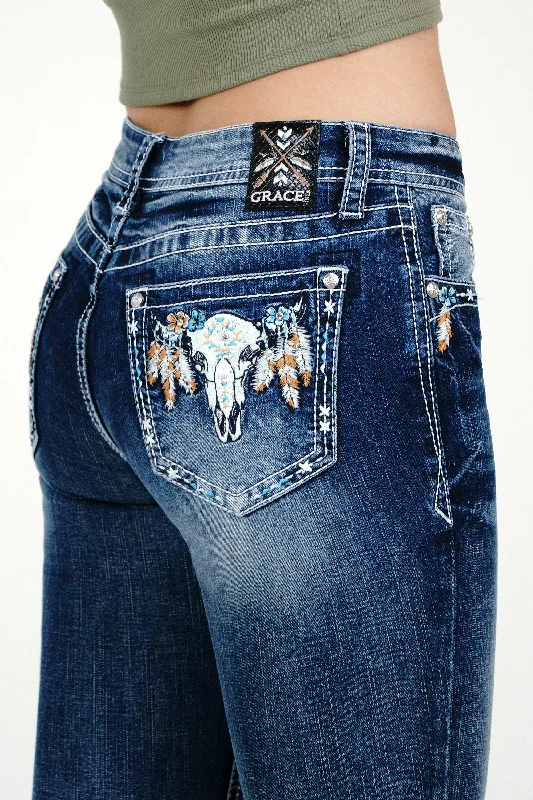Steer Head Embellished Mid Rise  Bootcut Jeans Fashionable Cropped Denim Jeans