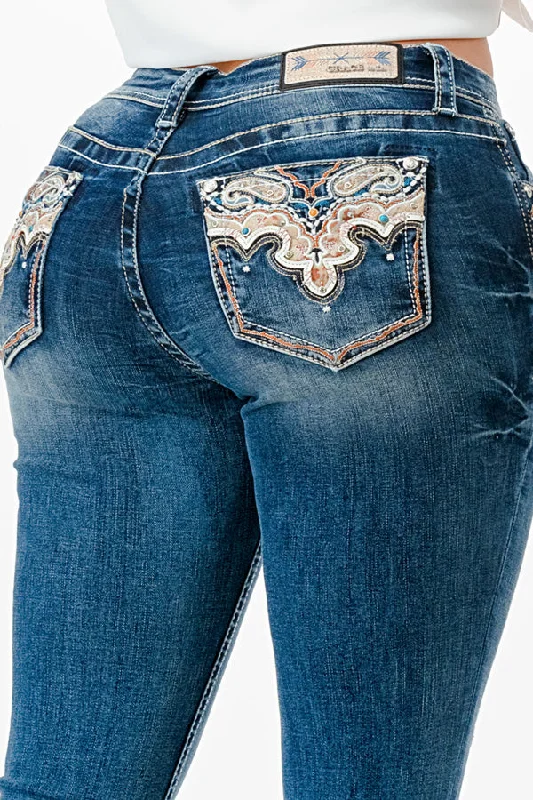 Aztec Embroidery Mid Rise  Bootcut Jeans Trendy Low-Rise Slim Jeans