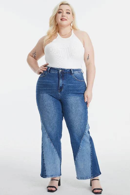High Waist Two-Tones Patched Wide Leg Jeans Cozy Wide-Legged Jeans
