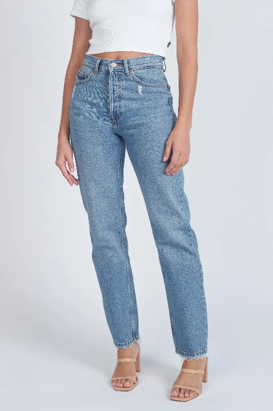 Beth Straight Jeans - Blue Jay Worn Hem Comfortable Folded Hem Jeans
