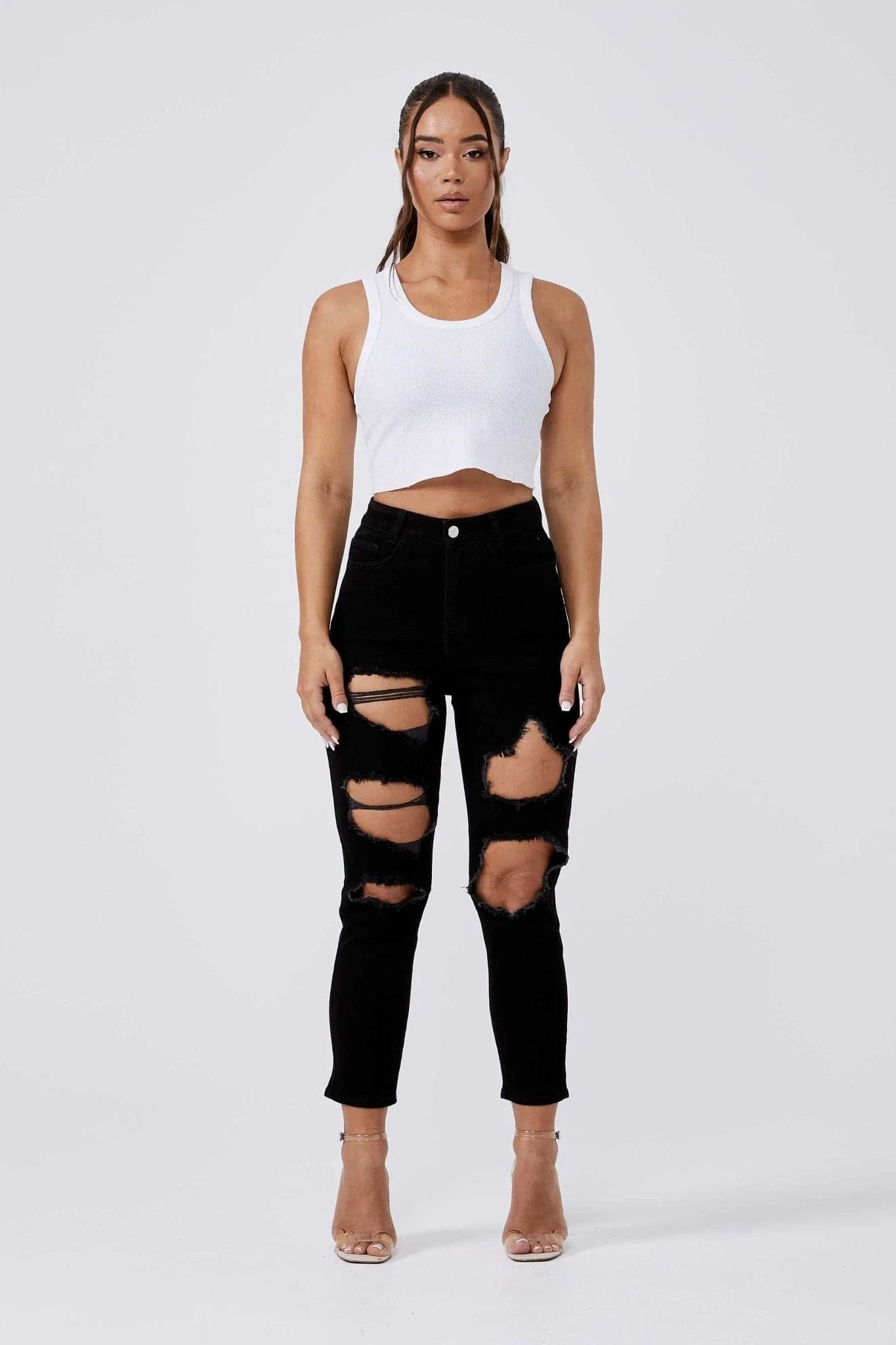 MOM JEANS MULTI RIPPED - BLACK Chic Faded Blue Jeans