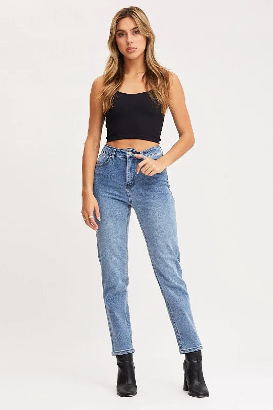 Blue High Rise Mom Jeans Fashionable Jeggings Style Jeans