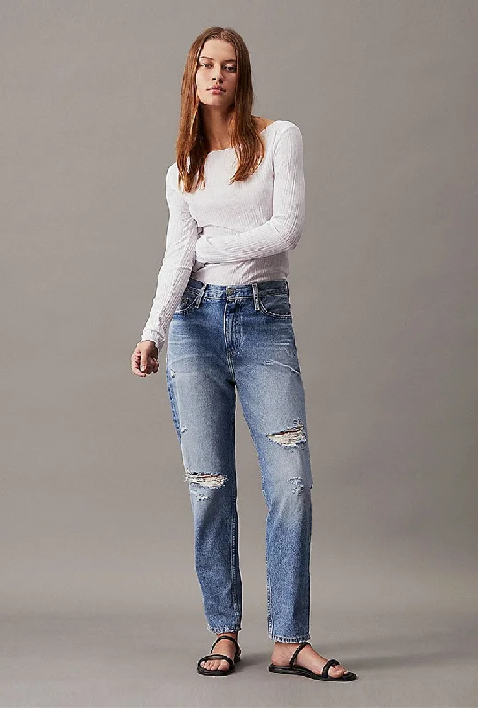 CALVIN KLEIN RIPPED MOM JEANS Elegant Tapered Leg Denim