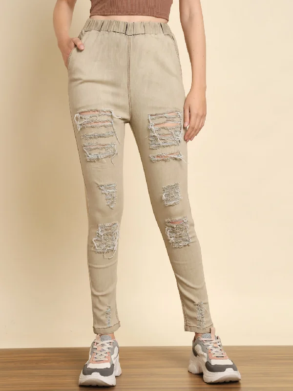 TANDUL Women Jogger Fit Mid Rise Beige Jeans Cozy Stretch High-Waist Jeans