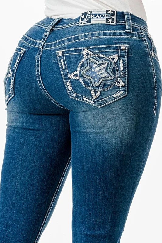 Star Embroidery Mid Rise  Bootcut Jeans Cozy Relaxed Fit Jeans