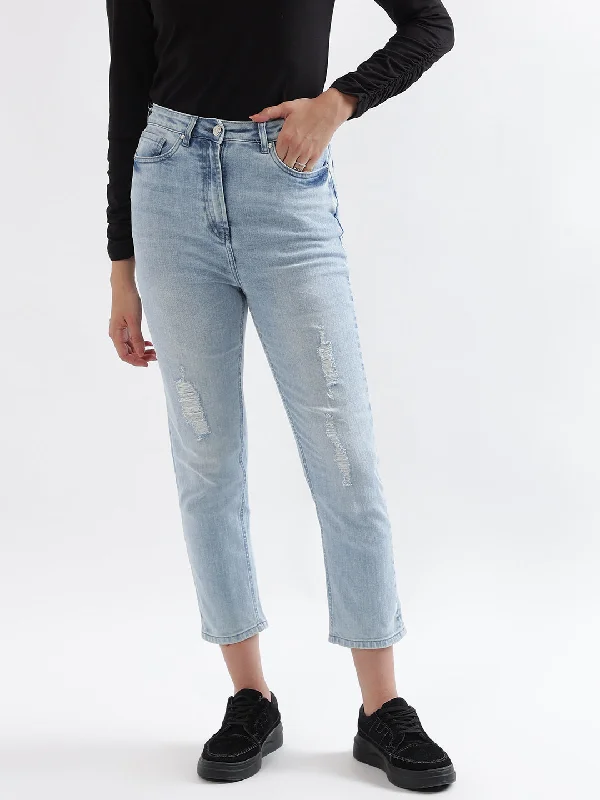 Elle Women Blue Solid Slim Straight Fit Jeans Fashionable Mom Jeans