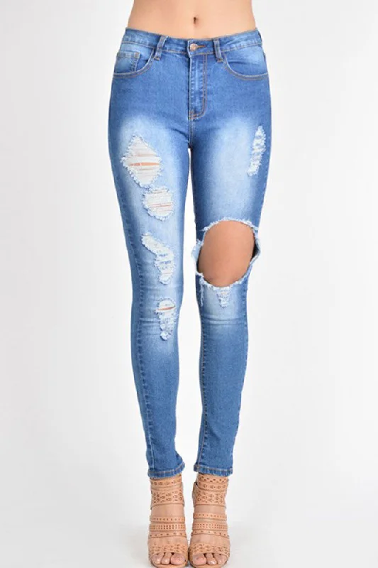 High Waisted Torn Skinny Fit Jeans Fashionable Relaxed Fit Denim
