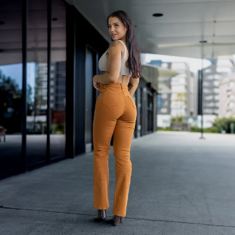 Impact Flare Fit Jeans - Tan Comfortable Stretch Fit Jeans