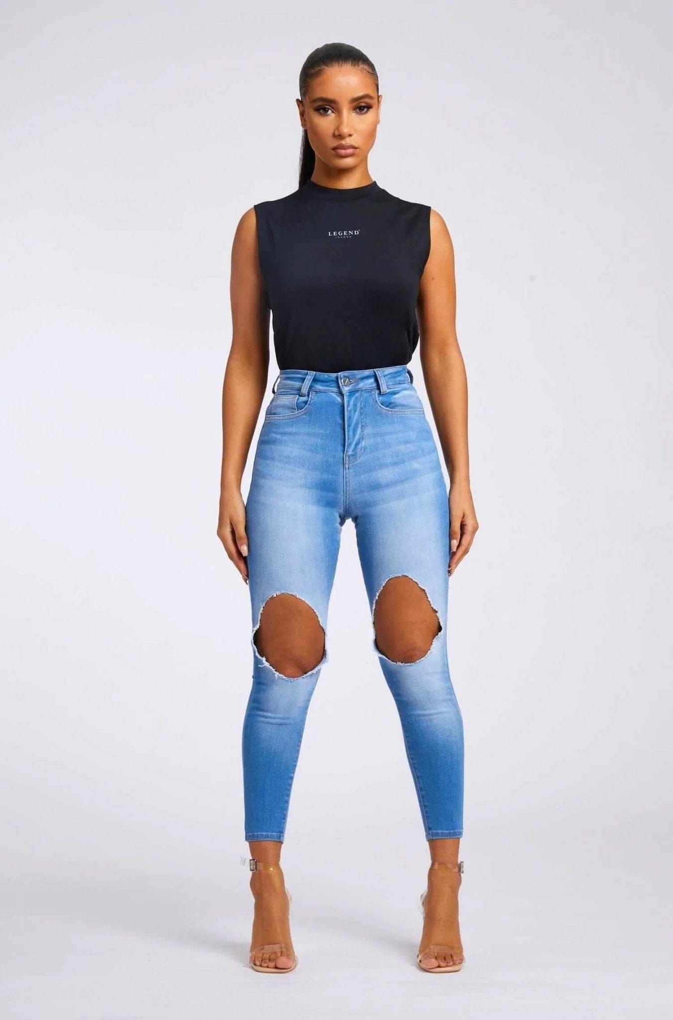 SKINNY JEANS BIG KNEE RIP - INDIGO BLUE Casual High-Waisted Bootcut Jeans