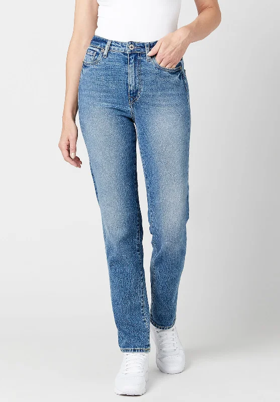 High Rise Straight Jayden Women's Jeans in Veined and Crinkled Blue - BL15856 Trendy Patchwork Denim Jeans