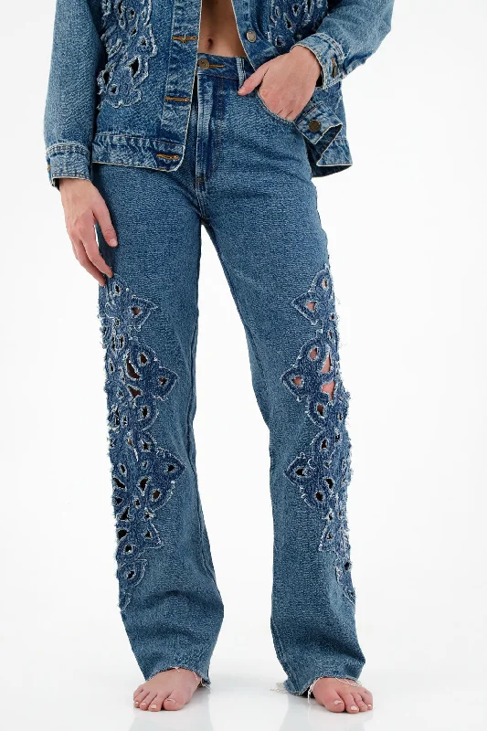 Women's Straight-Leg Denim Embroidered Jeans