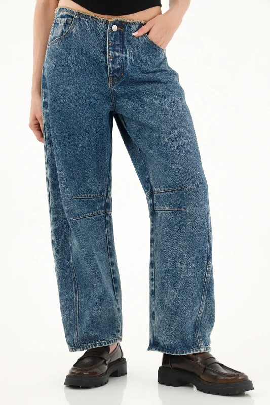 Women's Mid Tone Low Rise Horseshoe Jeans Fashionable Distressed Jeans