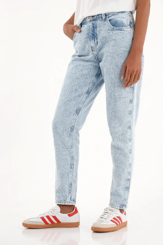 Women's high-waisted medium light wash mom jeans. Classic Blue Denim Jeans