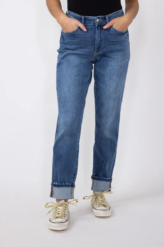 Judy Blue Mid-Rise Dark Wash Cuffed Boyfriend Jeans for Women | 82624REG Trendy Wide-Leg High-Waist Denim Judy Blue Mid-Rise Dark Wash Cuffed Boyfriend Jeans for Women | 82624REG Trendy Wide-Leg High-Waist Denim