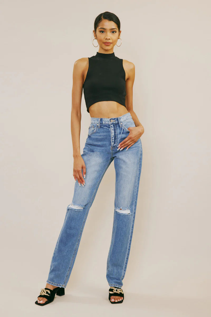 Kancan Ashe Ultra High Rise Straight Leg Jeans Chic Rip-Detail High-Waist Jeans