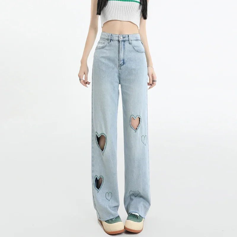 Kawaii Streetwear Blue High Waist Jeans Elegant Bootcut Fit Jeans