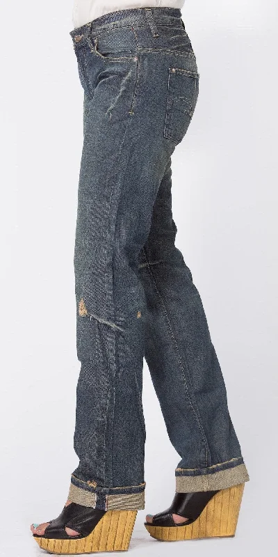 Women's Medium Wash Denim Button Fly Distressed Boyfriend Jeans Classic Blue Denim Jeans