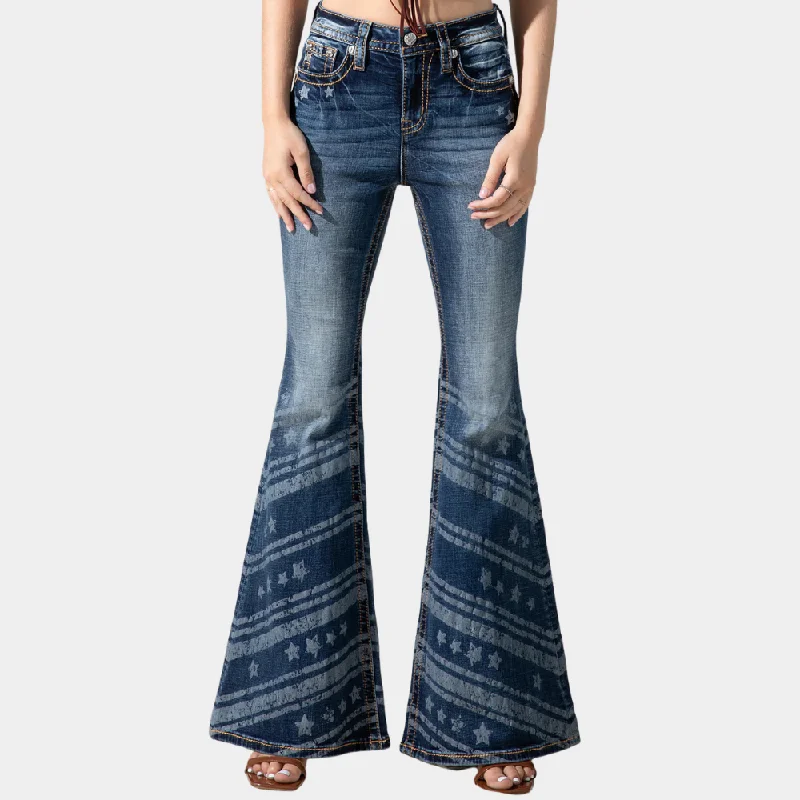 Miss Me Stars n Strips High Rise Flare Jeans Trendy Patchwork Denim Jeans