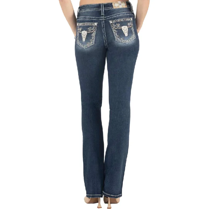 Miss Me Women's Autumn Longhorn Bootcut Jeans Stylish Stone-Wash Denim Jeans