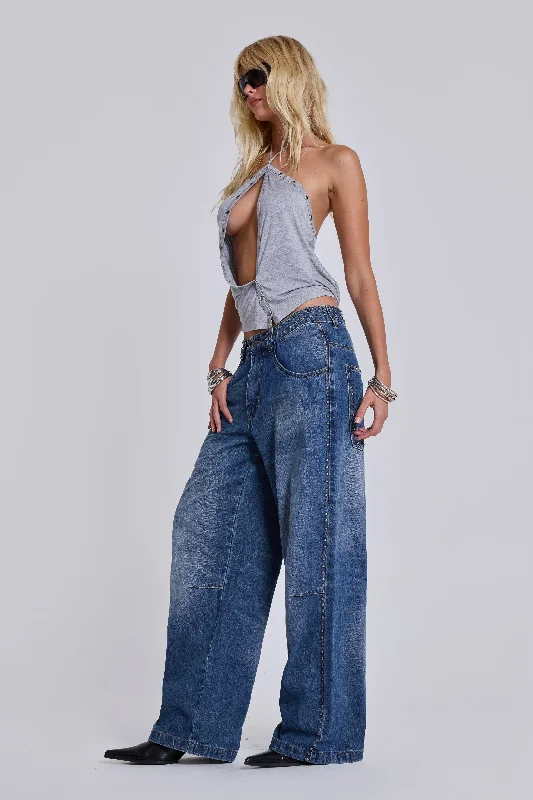 Nailed Studded Colossus Jeans in Vintage Blue Wash Trendy Paperbag Waist Jeans