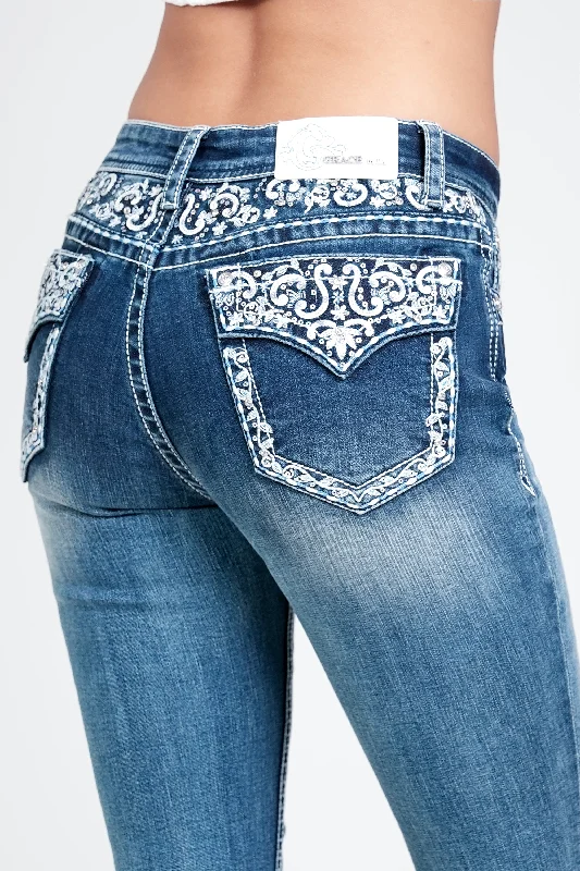 Western Embroidery Yoke Details Embellished Mid Rise Bootcut Jeans Fashionable Jeggings Style Jeans Western Embroidery Yoke Details Embellished Mid Rise Bootcut Jeans Fashionable Jeggings Style Jeans