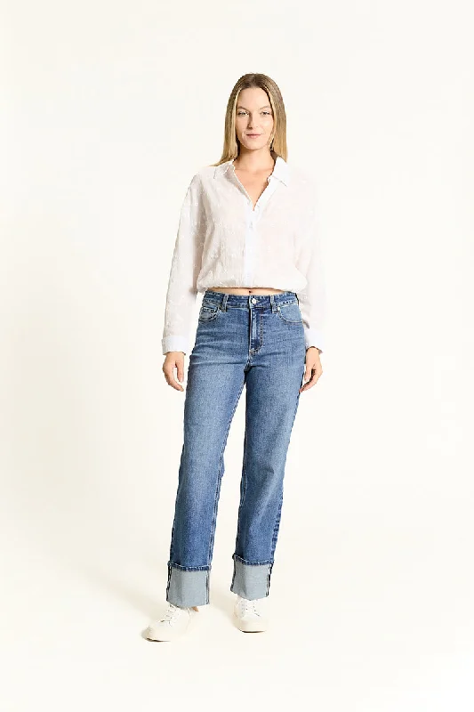 OAT High Rise Cuffed Wide Leg Jeans in Luna Dark Wash Trendy Patchwork Denim Jeans