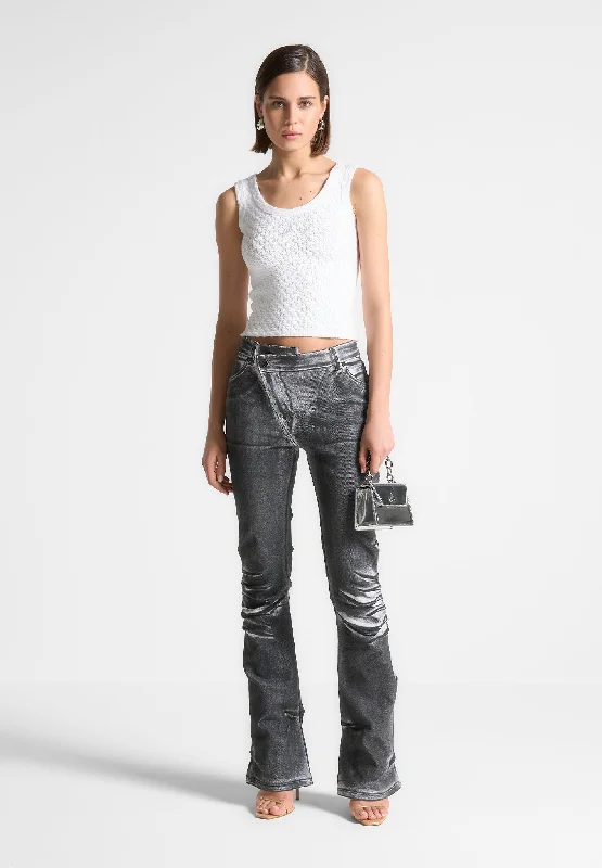 Oil Print Tacked Fit and Flare Jeans - White/Grey Trendy Plus Size Jeans