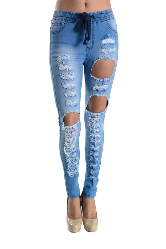 Ripped Drawstring Skinny Jeans