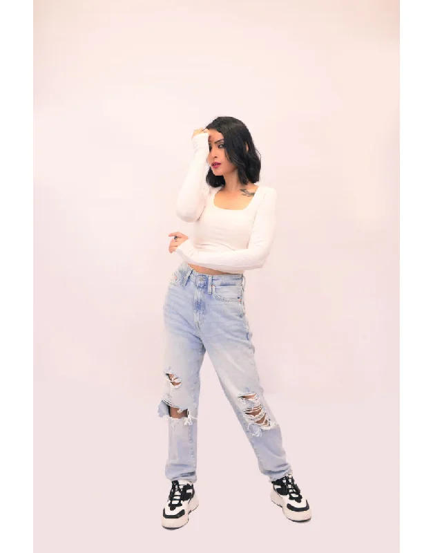 Ripped Mom Jeans in Light Blue Comfortable Mid-Rise Jeans