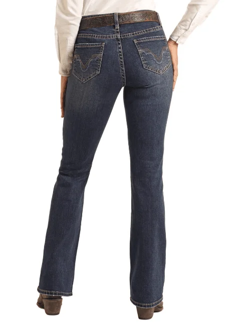Rock & Roll Cowgirl Women's Dark Wash Riding Bootcut Jeans BW4RD04045 Comfortable Folded Hem Jeans Rock & Roll Cowgirl Women's Dark Wash Riding Bootcut Jeans BW4RD04045 Comfortable Folded Hem Jeans