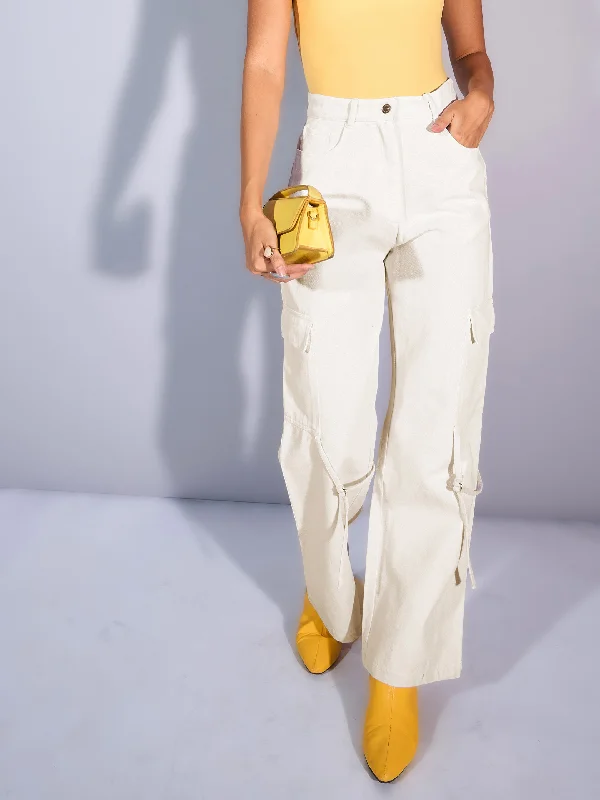 Women White Twill Looped Straps Cargo Jeans Fashionable White Denim Jeans