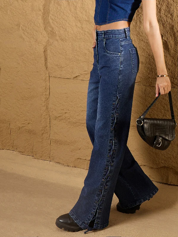 Women Blue Washed Side Dori Straight Fit Jeans Comfortable Flare Leg Jeans